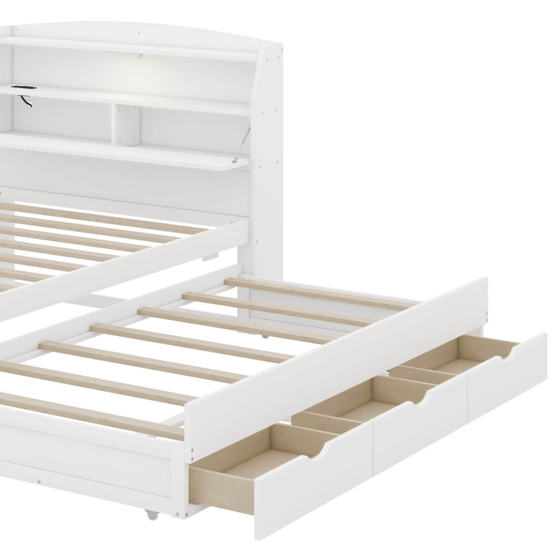 Lit plateforme en bois à DEL avec tiroirs, tête de lit et lit gigogne, Lit double, Gris