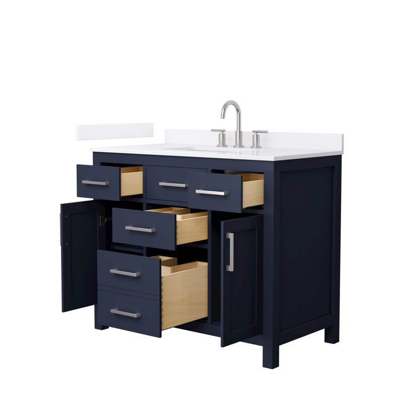 Beckett 42" Freestanding Single Bathroom Vanity with Quartz Top, Brushed Nickel, Dark Blue, White Quartz