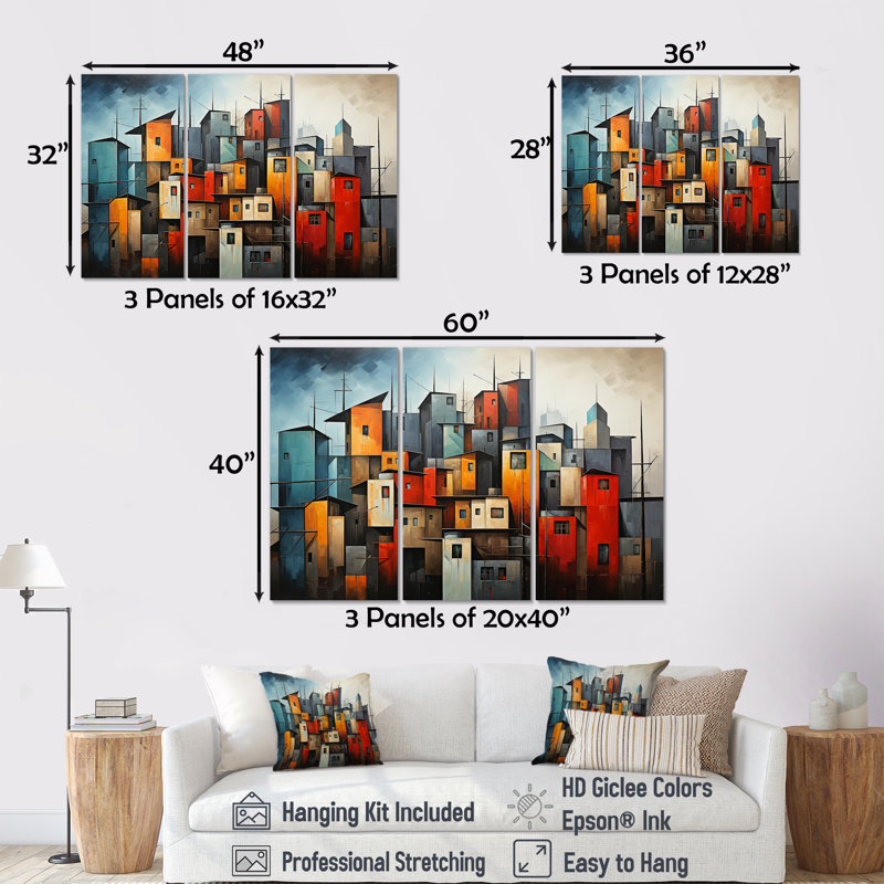 Cubist Urbanism Horizon III - Ensemble de décoration murale cubisme, H 28 po x l 36 po x P 1 po, Toile tendue
