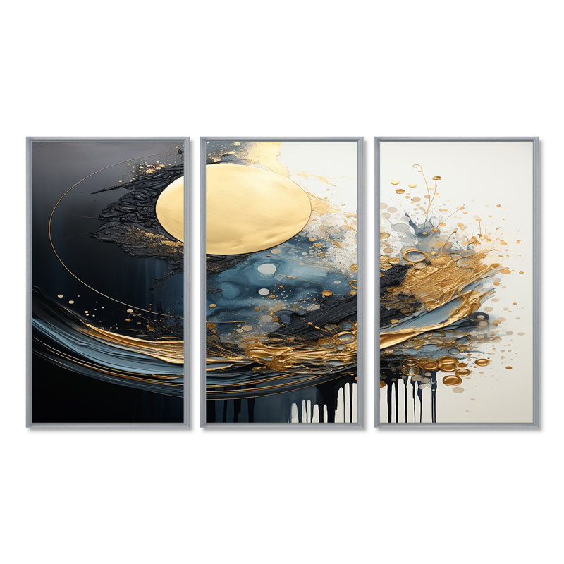«Golden Full Moon Rising Ocean Waves II», ensemble d'art mural paysage abstrait, Encadrement argenté