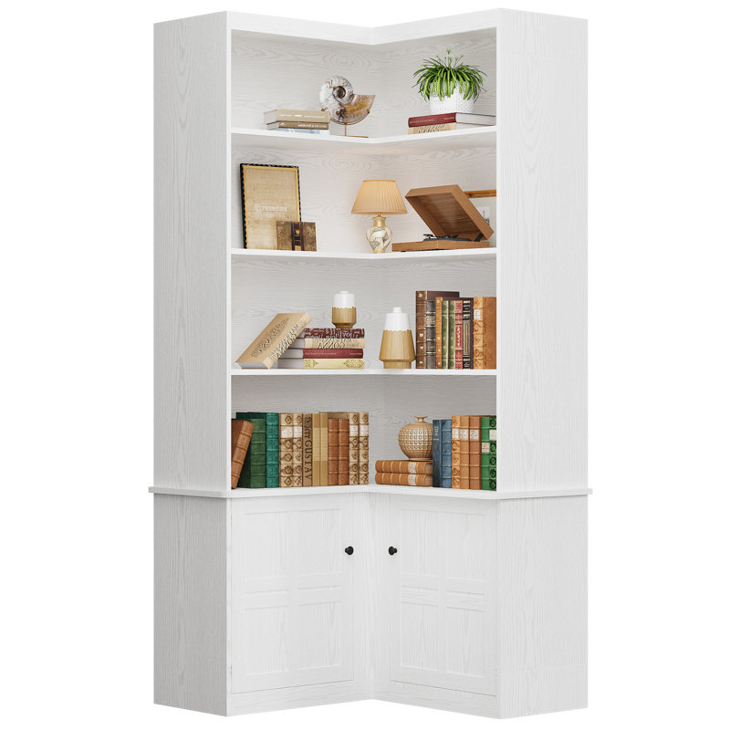 Bibliothèque d'angle 82,6 "avec portes, grande bibliothèque d'angle à 6 niveaux, Blanc