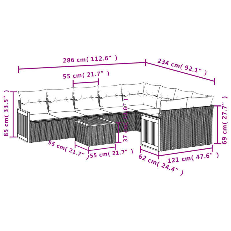  Ensemble de canapé de patio 10 pièces avec coussins en rotin de polyester gris