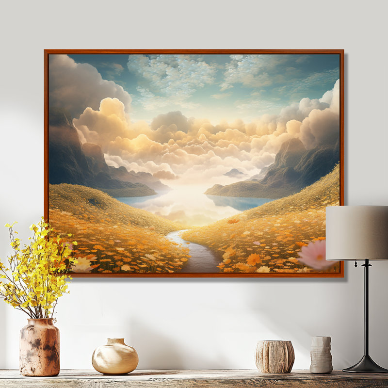 «Pastel Flowerfield Clouds Over Mountain River», art mural fleurs, Toile avec cadre flottant brun