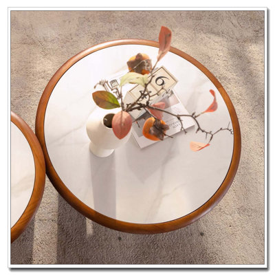17.72 Inch Round Sintered Stone Coffee Table with Solid Wood Rim