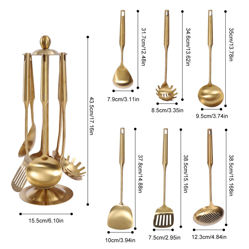 7-Piece Gold Stainless Steel Kitchen Utensil Set with Holder