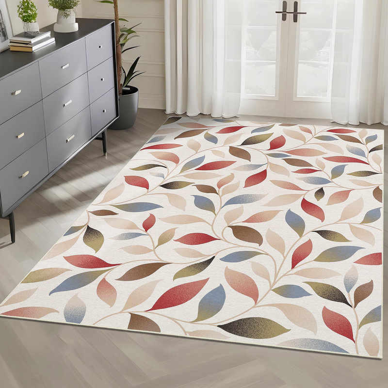 Machine Washable Rug Modern Leaf Area Rug Ultra-Thin Rug Durable Floor Carpet Easy-Cleaning Rug, Rectangle 10' x 13'