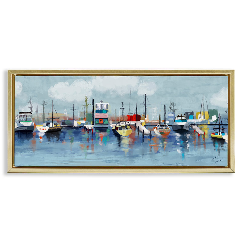 Bateaux variés à quai Port Marina, Cadre flottant métallique doré, H 14 po x l 31 po