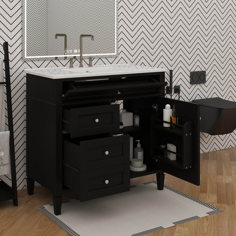 Meuble-lavabo de 36 pouces avec lavabo sur le dessus, armoire de rangement moderne, 2 tiroirs et un tiroir basculant, Noir