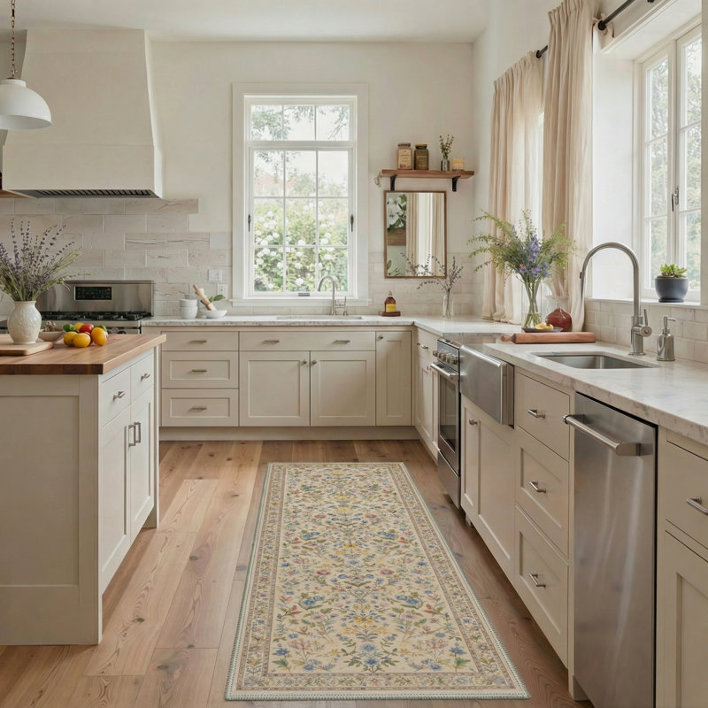 Allsop Verdant Floral Machine Washable Beige / Green / Blue Indoor Area Rug with Non-Slip Backing, Runner 2'6" x 8'
