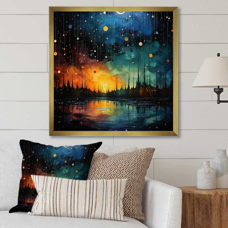 " Meteors Celestial And Pointillism I ", Gold Picture Framed, 16" H x 16" W x 1" D