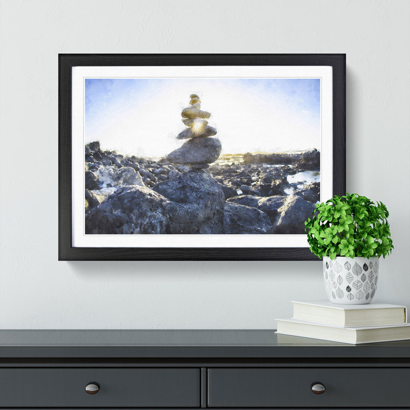 Rock Cairns with Sunlight - Framed Print, 62cm H x 87cm W x 2cm D, Black Framed