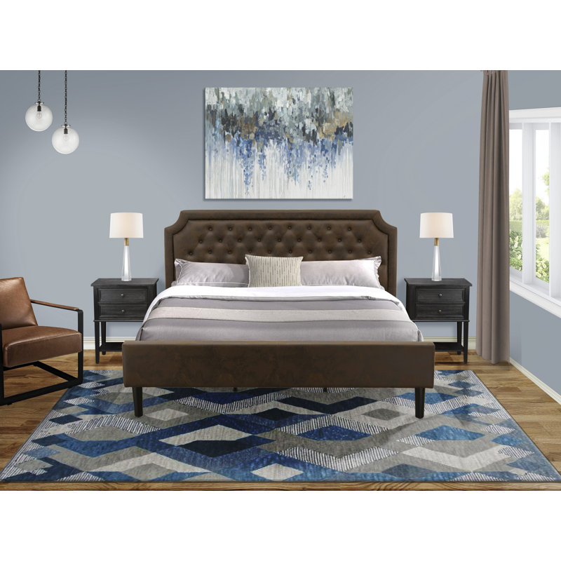 King Size Bed Frame Includes Black Textured Upholstered Headboard, Footboard and Wood Rails, Slats - Wooden 9 Legs with Full Support King Size Bed - Black Finish