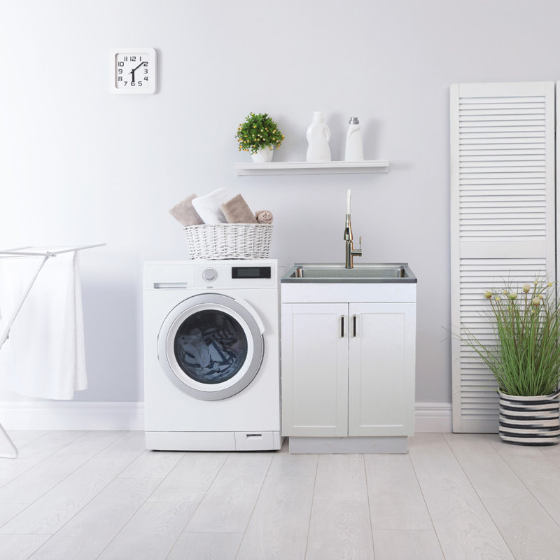 23.6'' White Freestanding Laundry Sink with Stainless Steel Faucet