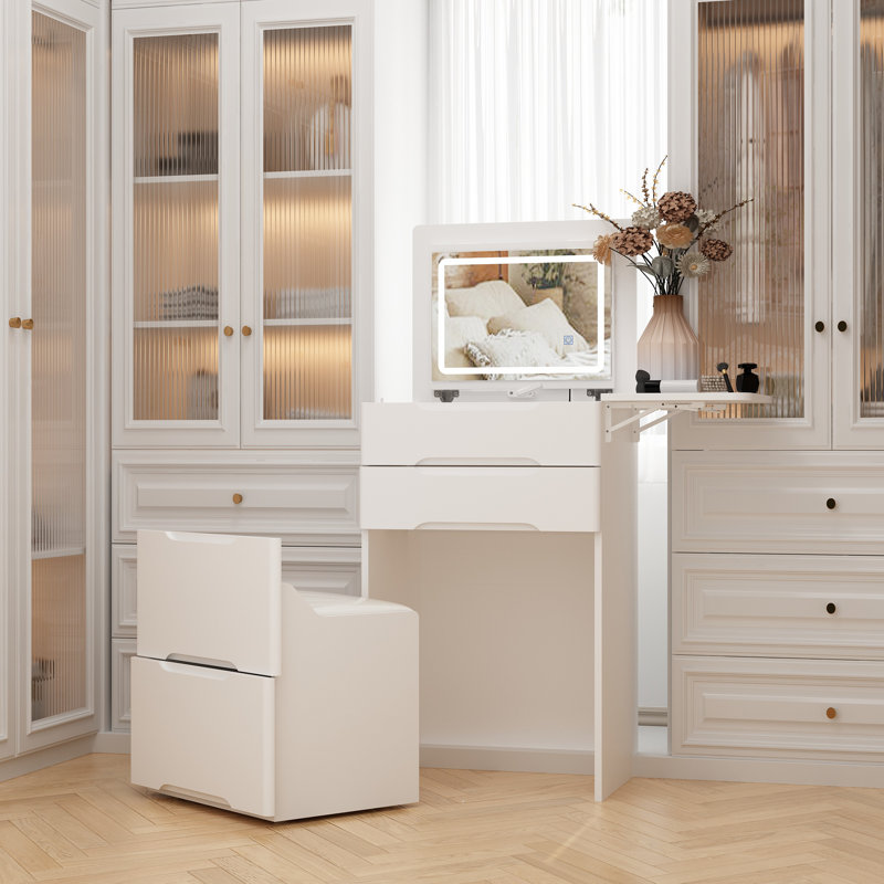 Tiroir de placard blanc avec miroir lumineux et tabouret