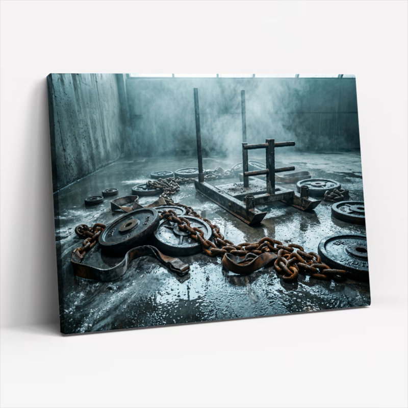 Ensemble de 1 tableau sur toile représentant des ruines industrielles, H 16 po x l 24 po, Toile tendue