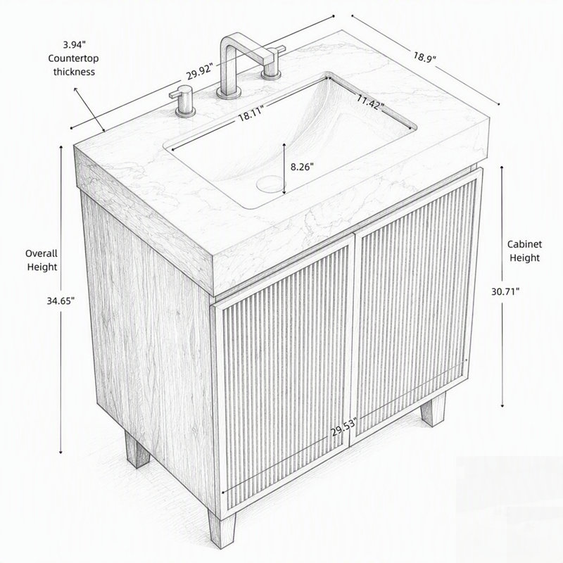Meuble-lavabo avec lavabo en céramique et comptoir en pierre frittée veinée, sur pied, 3, 30", Beige et or