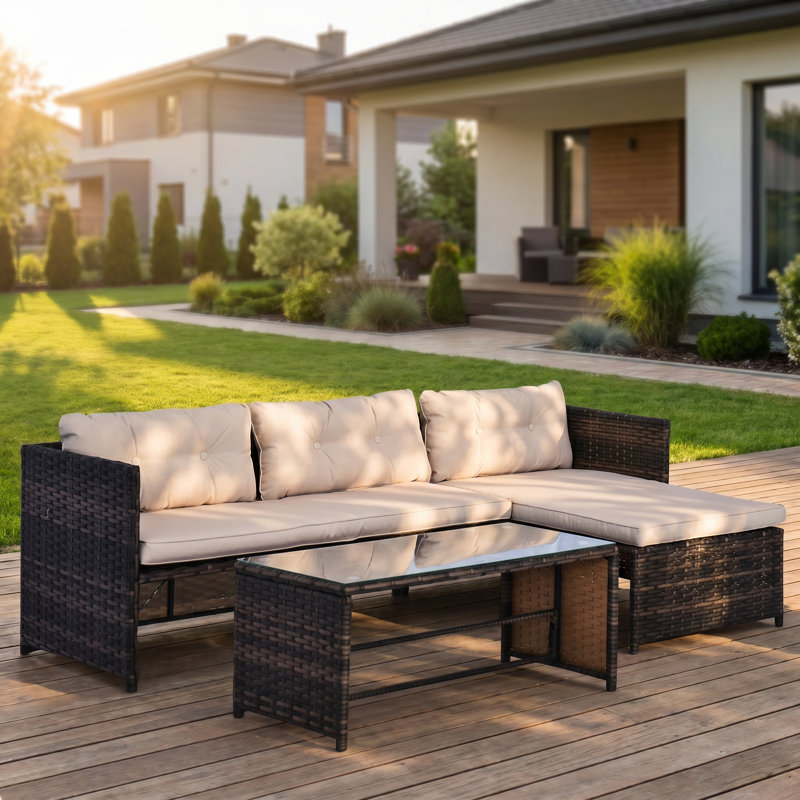 Ensemble de meubles de patio 3 pièces Outsunny, canapé en rotin en L avec méridienne, causeuse et table en verre