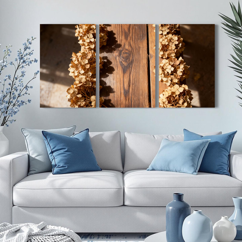 Dried Hydrangea on Wood Panel Canvas Wrapped Wall Art, Rustic Floral Print (Set of 3), 24" H x 48" W