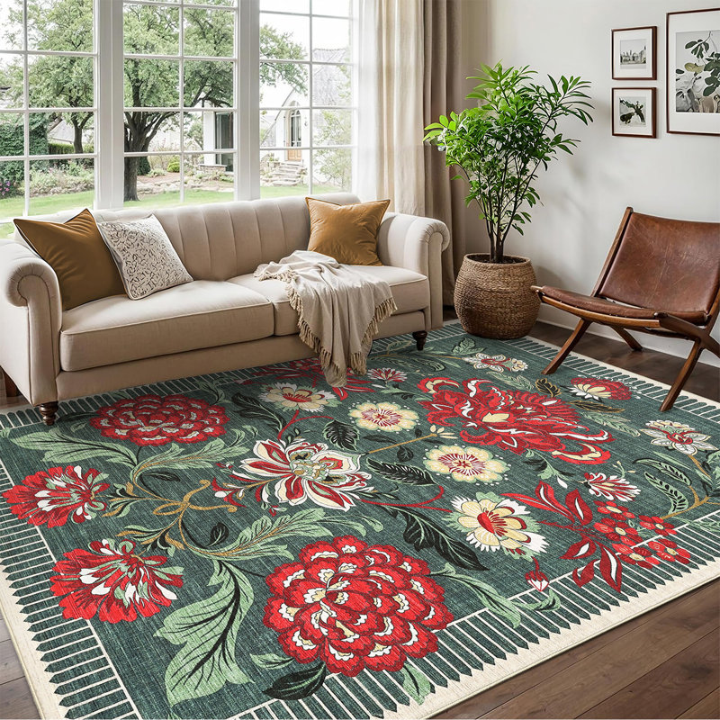 Floral Machine Washable Area Rugs for Living Room Bedroom Soft Non-Slip Vintage Dining Room Rug Low Pile Botanical Floor Carpet for Kids Room Classroom