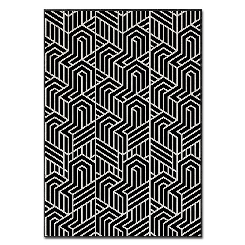 Tapis géométrique rectangulaire tissé à la machine en polyester noir Desborough, Rectangle 2 pi 7 po x 4 pi 7 po