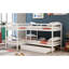Lit simple superposé en forme de L blanc avec lit gigogne, fabrication robuste, pouvant accueillir plusieurs personnes. Cadre en bois massif. Polyvalent pour les chambres d'amis. 6 ans et plus recommandé. Pas de sommier tapissier.