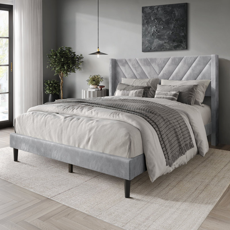 Elegence Wingback Platform Bed, Queen, Silver Gray
