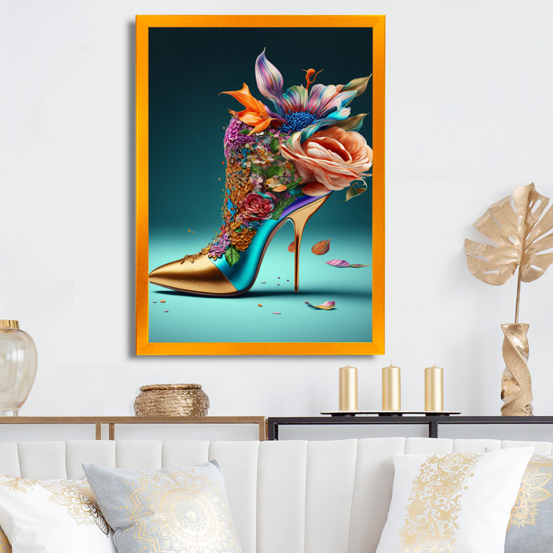 «Blue Floral Hight Heels IV», impression sur toile, Impression dorée sur toile encadrée, H 32 po x l 16 po x P 1 po