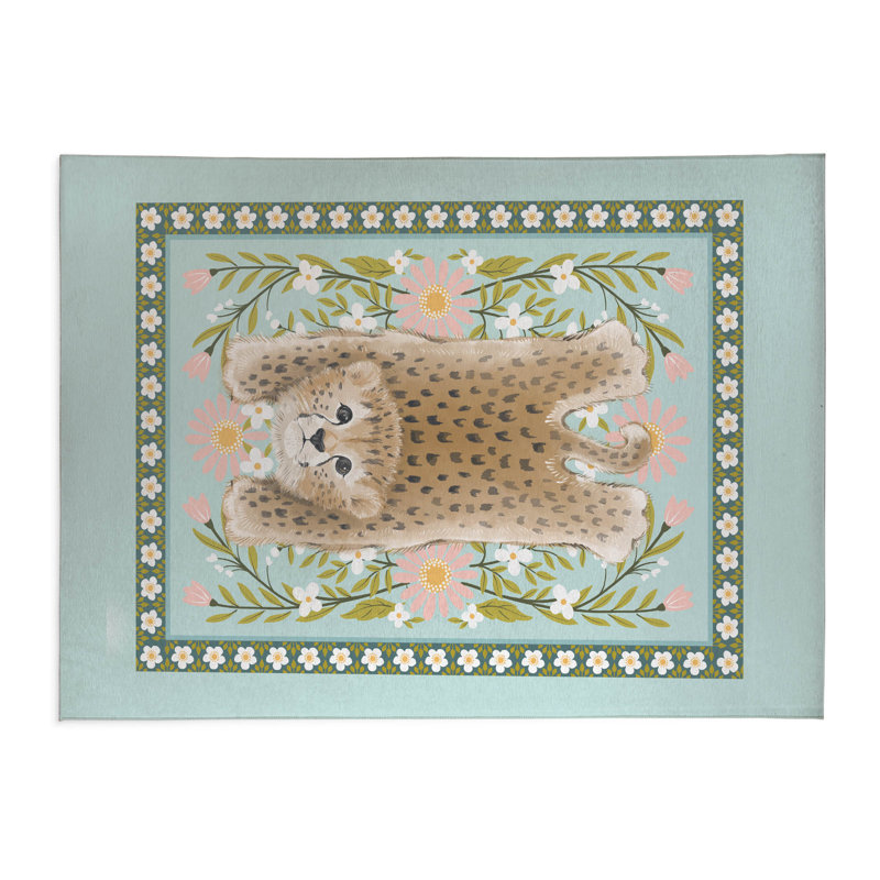 Lil Lying Leopard Flowers Kids Play Mat, Blue, Rectangle 5' x 7'