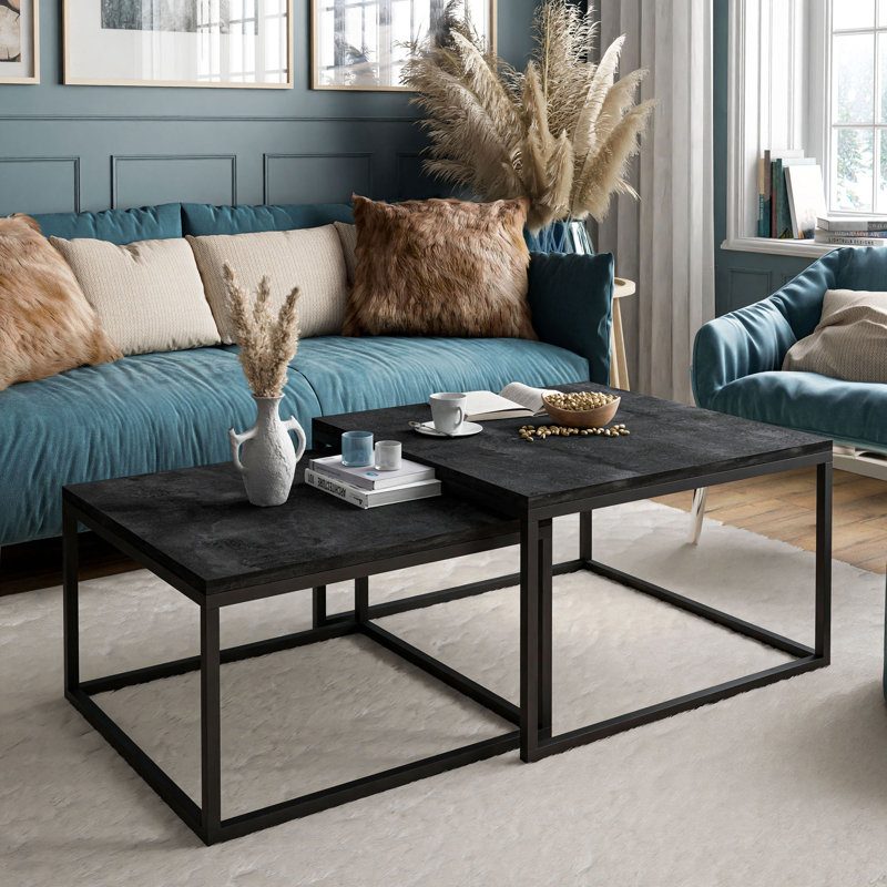 Whitinsville 2 Piece Coffee Table, Black, 45cm H x 70cm W x 70cm D, Dark concrete