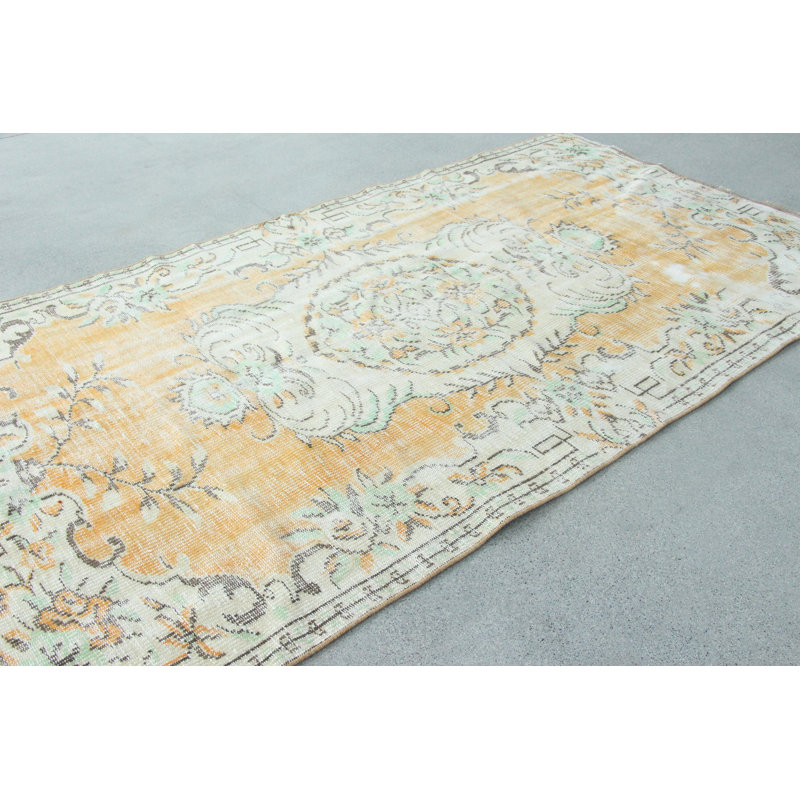 Hand Knotted Turkish Vintage Area Rug in Orange For Boho Interior Design in Salon and Bedroom With Pastel Eclectic Style