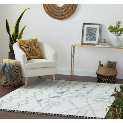 6x9 Ivory Hand-Knotted Wool Linear Motifs Tribal Modern Contemporary Carpet Rug