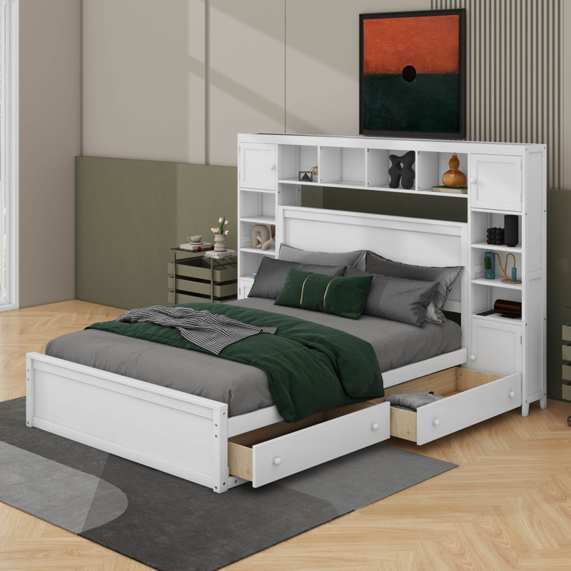 Grand lit en bois avec armoire, tablette et prises tout-en-un, Blanc