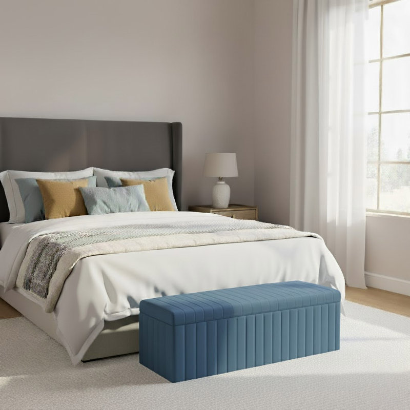 Lux Striped Wide Velvet Rectangle Solid Color Standard Ottoman Box with Storage, 40 cm H x 137 cm W x 42 cm D, Duck Egg