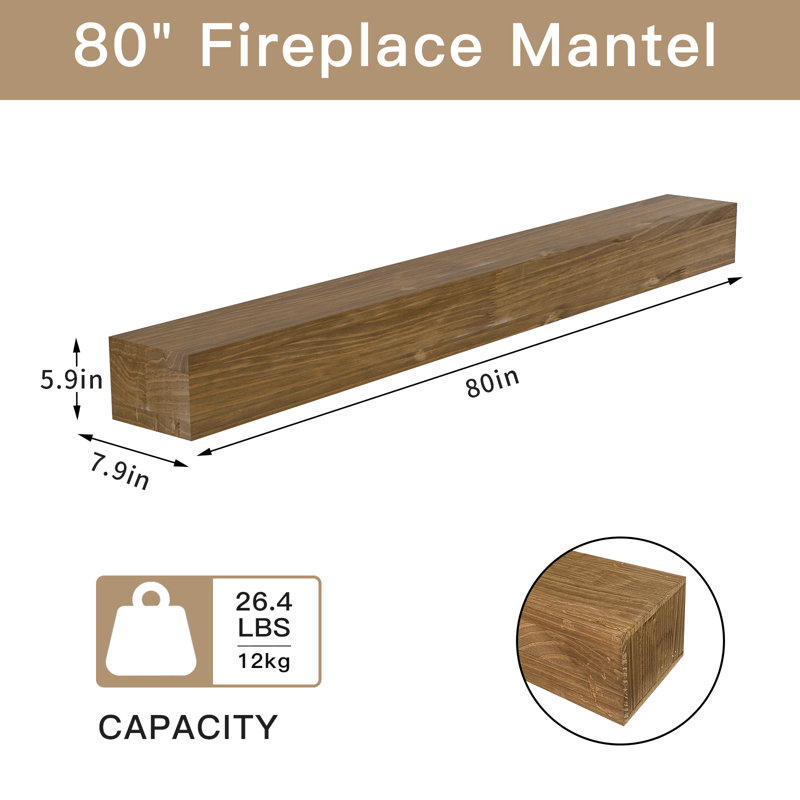 Manteau de cheminée en bois de pin massif sculpté à la main l 80 po, présentoir mural en bois, Brun olive