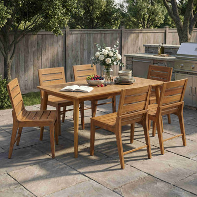 7 Piece Outdoor Acacia Wood Dining Set, 71" Rectangular Table with 6 Slatted Back Chairs, Curved Ergonomic Backrest Patio Furniture