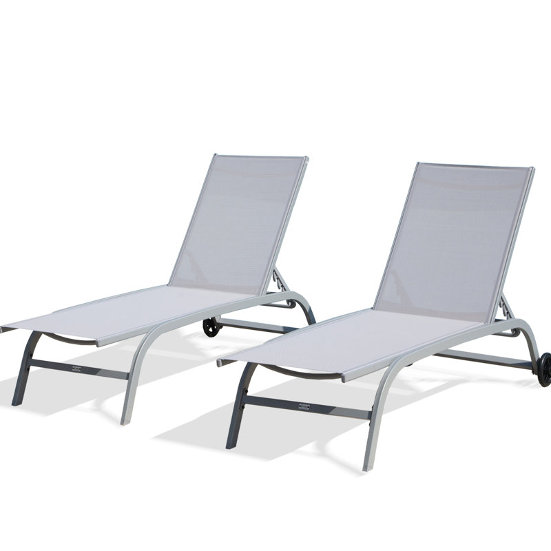 Chaises longues Grey Beach de 2,5 à 5 positions réglables, aluminium, respirant, roulettes pour faciliter le déplacement, installation simple sur le patio extérieur gris - respirant, confortable, style moderne, toutes saisons