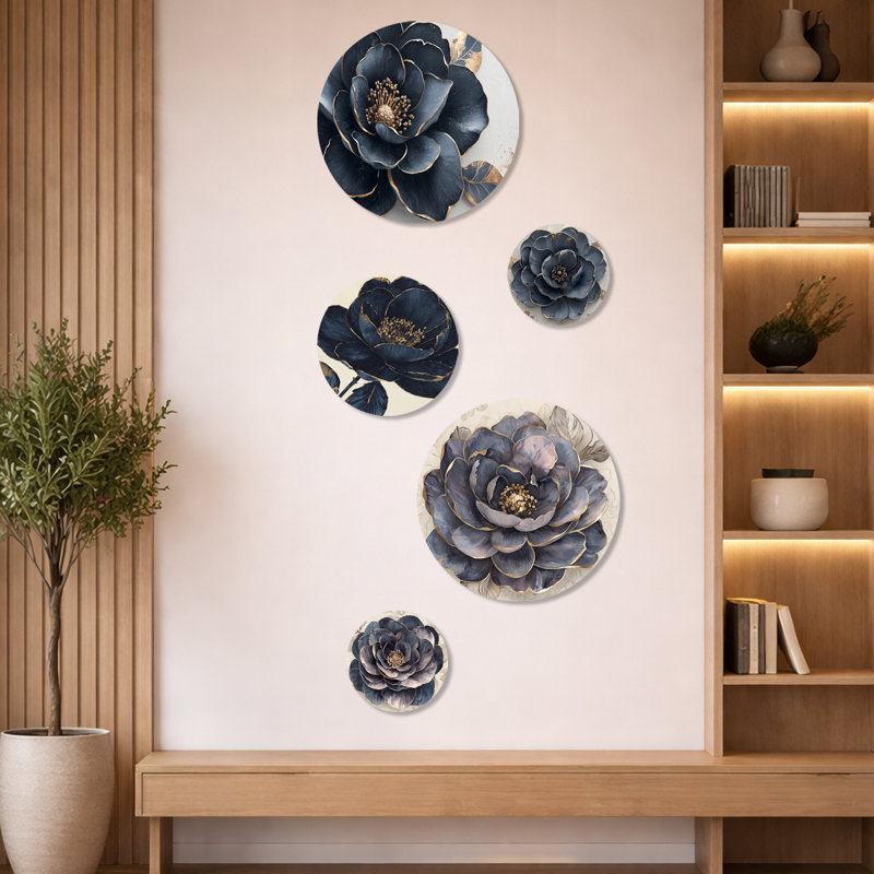 Bleu foncé rose doré doré III - ensemble d'art mural rose sur 5 - ensemble d'art mural traditionnel en métal sur 5