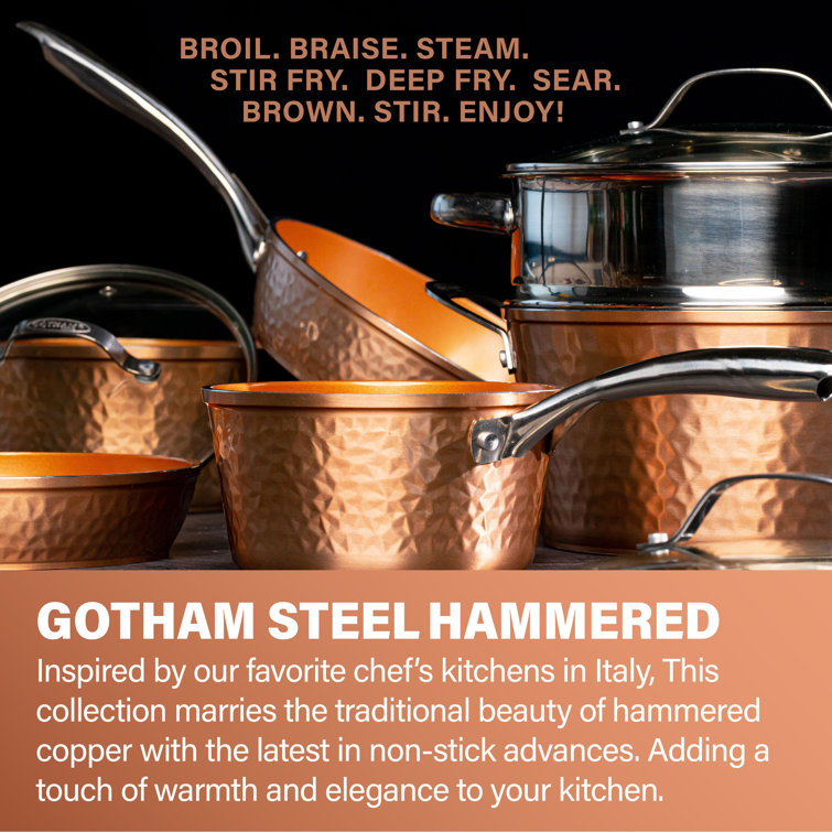 Gotham Steel Hammered Copper Aluminum Non-Stick Pan with Lid - 14 in