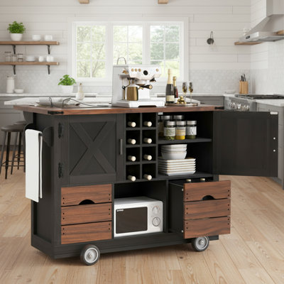 Îlot de cuisine de 54 po de taille moyenne avec abattant, prise de courant, tablettes réglables, support à épices et porte-serviettes 2 tiroirs, armoires, support à vin amovible, prise 4, design brun-noir