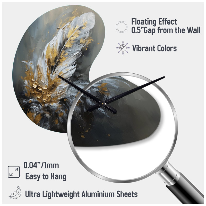 Gold Boho Chic Feathers IV - Boom Shape Large Glam Feather 3D Wall Clock, Small