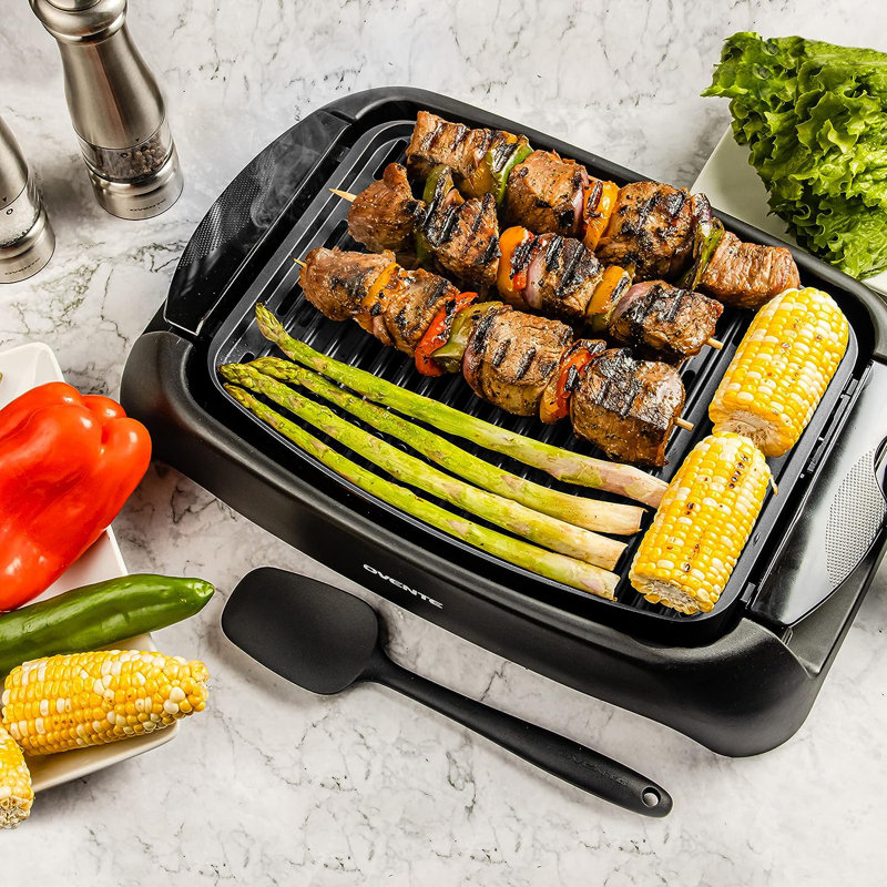 OVENTE Electric Indoor Grill with 13x10 Inch Non-Stick Cooking Surface, 1000W Fast Heat Up Power, Adjustable Temperature, Removable and Dishwasher Safe Grilling Plate and Drip Tray, Black GD1632NLB