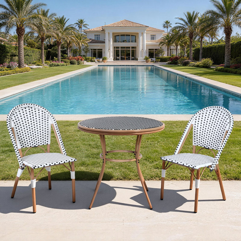 3 Piece French Bistro Table Chair Set, Outdoor Wicker Round Table and 2 Dining Chairs with Metal Frame, Outdoor Patio Set for Garden Balcony Porch, Black/White