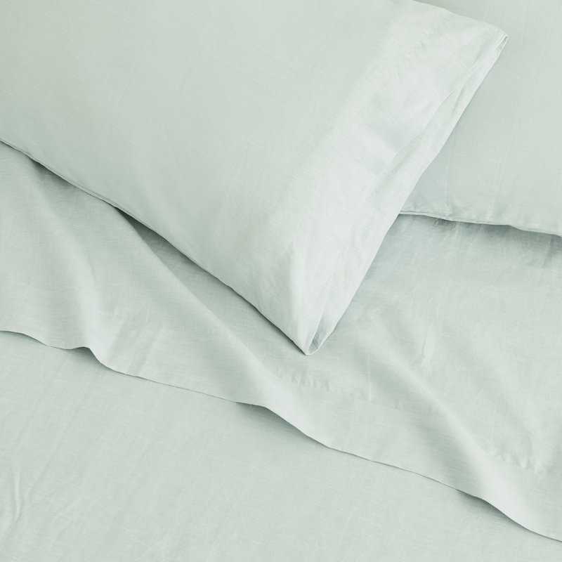 100% European Flax Linen Bed Sheet Set, Twin Extra Long Sheet Set with 1 Pillowcase, Eucalyptus
