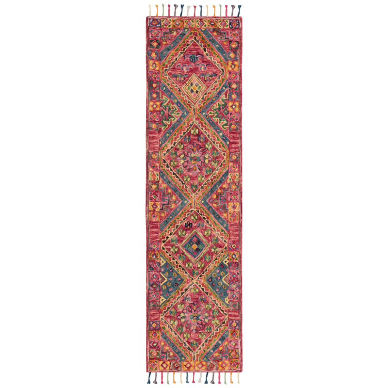 Oriental Hand Tufted Wool/Cotton Area Rug in Pink/Turquoise/Brown/Yellow, Runner 2'3" x 9'