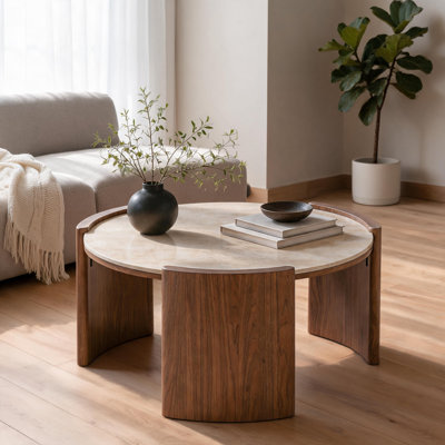 Table basse ronde moderne en pierre frittée de 31,5 pouces, table centrale au look travertin lustré avec pieds en dalle de noyer épais, table basse circulaire pour le salon
