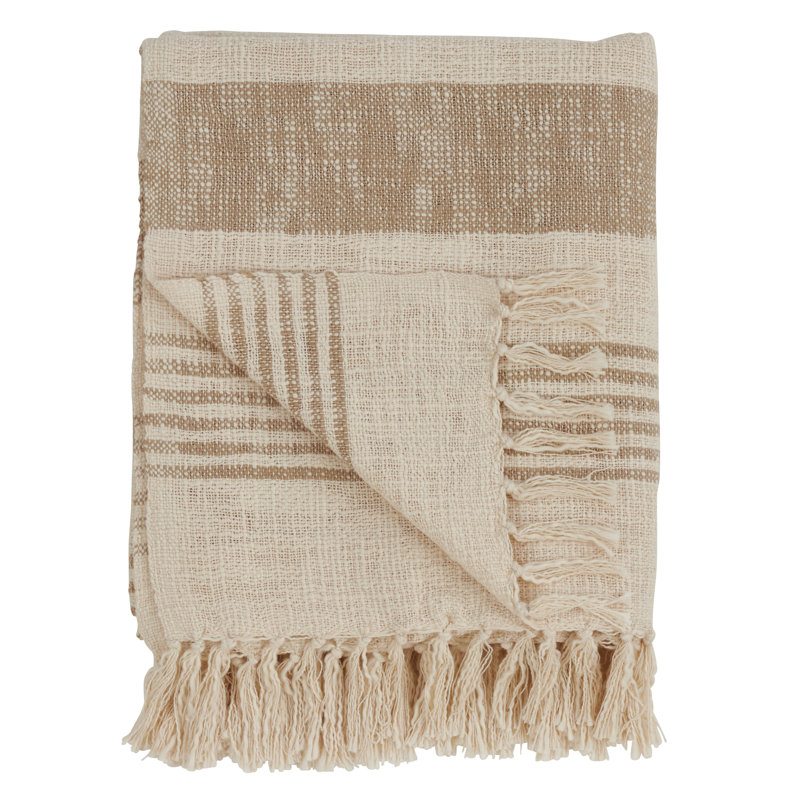 Natural Cotton Striped Reversible Throw Blanket with Tassels
