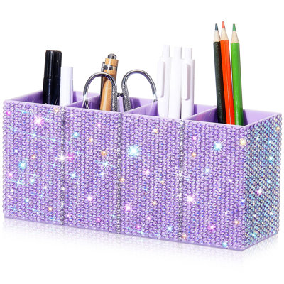 Bling Desk Organizer For Women, Rhinestone Pen Makeup Brush Holder, Girly Desk Accessories Organizer For Office Classroom Elevate Your Workspace With Serenity(Rhinestone,Purple)