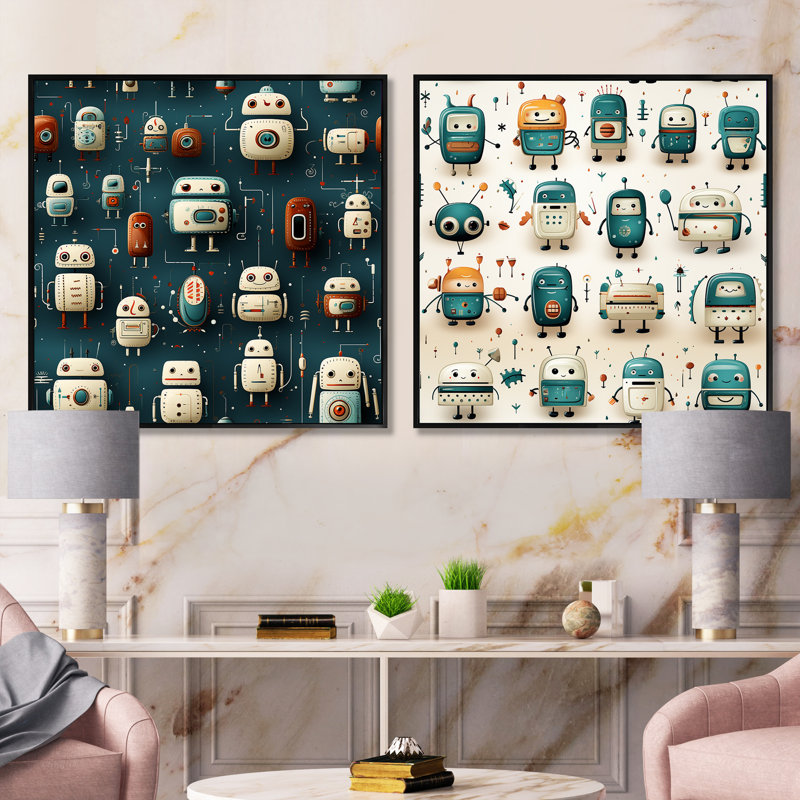 Robot Robot For Teens Betroom - Ensemble de 2 collages fantastiques, Cadre flottant noir, H 16 po x l 33 po