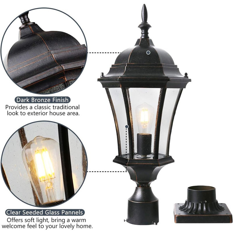 24" Large Outdoor Post Light With 3" Pier Mount, Bronze Exterior Pathway Pole Lights Fixture With Seeded Glass 2 Pack Outside Garden Post Lamp Lantern Head For Driveway, Yard