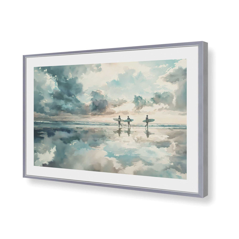 Surfers in Sky Reflection Framed Print, 12.25" H x 15.25" W, Polished Chrome